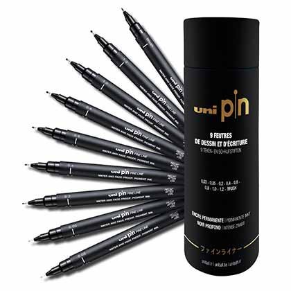 Uni Pin Fine Line – Tube Finerliner Μαρκαδόροι Σχεδίου Μαύροι 9 τμχ